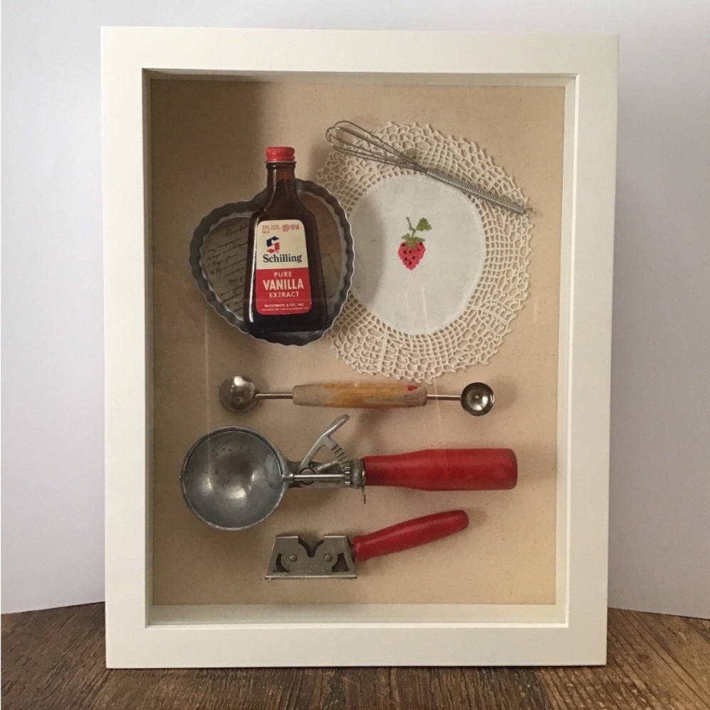 Vintage Kitchen Utensil Shadow Box with Red Accents